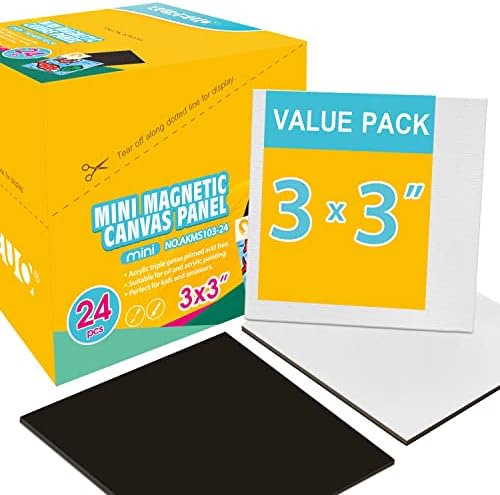 AUREUO Mini Magnetic Canvas Panel 3x3 Inch / 24 Pack - Small Square Flat Canvas Board with Magnet Back Art Gift Set Bulk Pack Tiny Thin Canvases for Painting & Craft