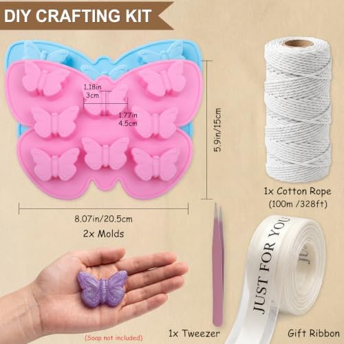 Silicone Butterfly Soap Mold Kit for DIY Soap Making, with Tool (Cotton Rope, Bow Ribbons, Tweezers), Reusable Soap Making Supplies for Crafts, Gifts & Beginners