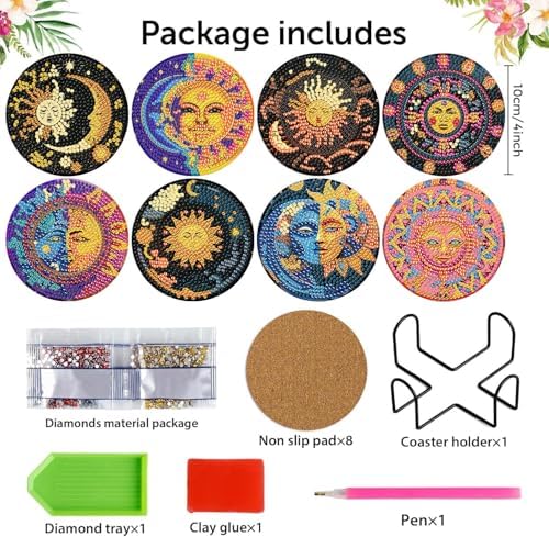 8 Pcs Diamond Art Coaster Kit for Adult with Holder, Diamond Coasters 4x4in