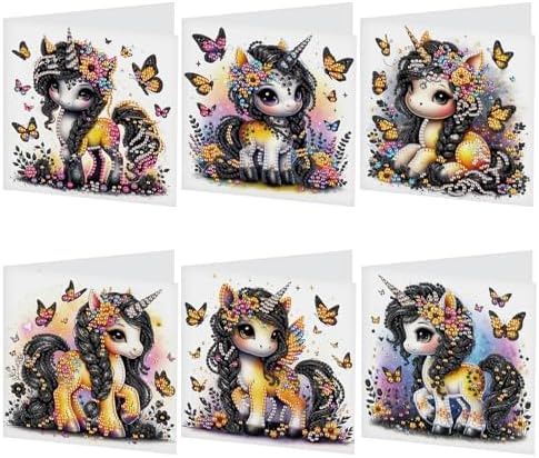 6 Pcs 5D Diamond Painting Greeting Cards Kits with Envelopes, DIY Rhinestone Diamond Art Cards, Unicorn Design with Laser Effect Handmade Festival Greeting Card for Birthday, Celebration and Party