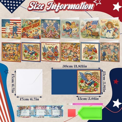 Saillong 12 Pack Vintage 4th of July Diamond Painting Greeting Card Kits Patriotic Diamond Art Cards with Envelopes Retro Red White Blue 5D Rhinestones Painting Making Kits for Adults DIY Craft Gifts