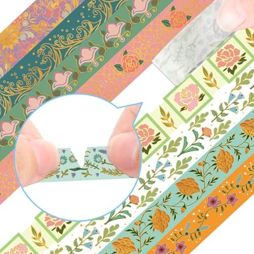 Gold Foil Floral Decorative Tape Set 20 Rolls Washi Tape Aesthetic DIY Art Masking Tape for Kids Craft Notebook Planner Book Scrapbooking & Stamping Supplies Gift Wrapping