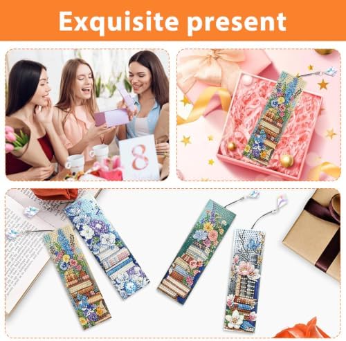 Mandun 4 Pcs Book Diamond Painting Bookmark Kits, Special Shaped Diamond Art Bookmarks with Pendant, DIY Flower Diamond Art Bookmarks with Tassels Crafts Gifts Supplies