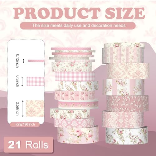 Colarr 21 Rolls Watercolor Floral Washi Tape Set 6 Yard Spring Flower Decorative Masking Tape for Craft DIY Arts Scrapbook Journaling Supplies Gift Wrapping, 3 Sizes (Roses)