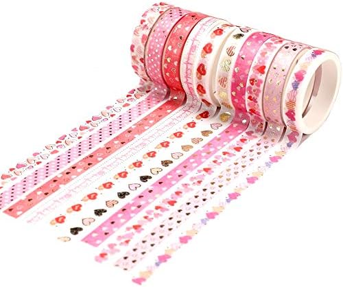 YUBBAEX 10 Rolls Sparkling Washi Tape Set 8mm Skinny Gold Foil Decorative Masking Washi Tapes for Journal,Scrapbook, Planner, DIY Crafts (Sweety Hearts)