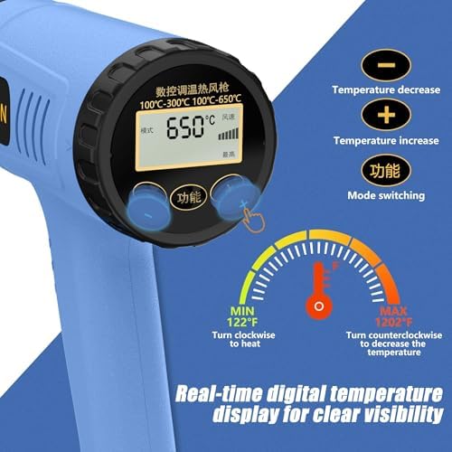 Digital LCD Heat Gun, 110V Hot Air Gun, 100-650℃（212-1202℉） 6 Modes, Rear Button Temp Control, 7S Delay Off, Overload Protection, 1.5M Cord Handheld Heat Gun for Crafts, Shrink Wrap, Paint Removing