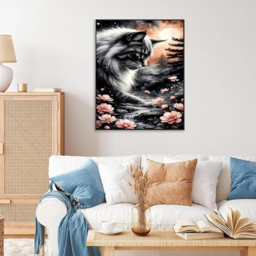 Black Cat DIY Diamond Painting Kits for Adults, Moonlight Stream Diamond Art Kits for Beginners, 5D Cat Full Drill Diamond Dot Painting Gem Art Kits for Home Wall Decor 12 x16 Inch