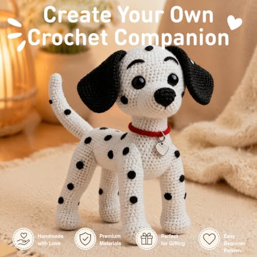 DIY Crochet Dalmatian Dog Kit for Beginners – Amigurumi Spotted Dog Stuffed Animal Knitting Kit with Yarn, Safety Eyes, Heart Tag & Instructions – Easy Beginner Crochet Craft Gift for Adults