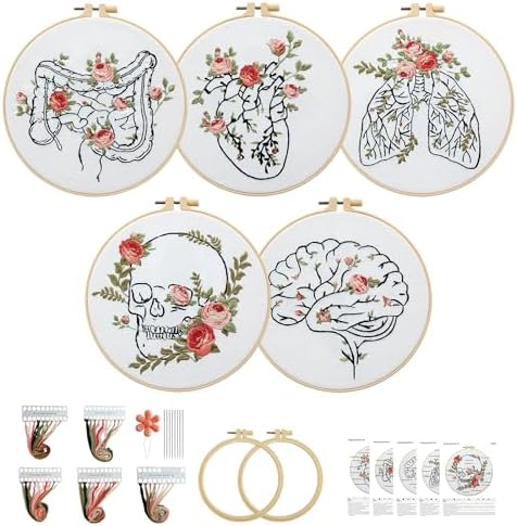 5 Sets Skull Embroidery Kits for Beginners Adults, Anatomy Embroidery Starter Kit for Doctors Nurses Christmas Gifts with Floral Stamped Pattern DIY Needlepoint Kit Cross Stitch Set Includes 2 Hoops