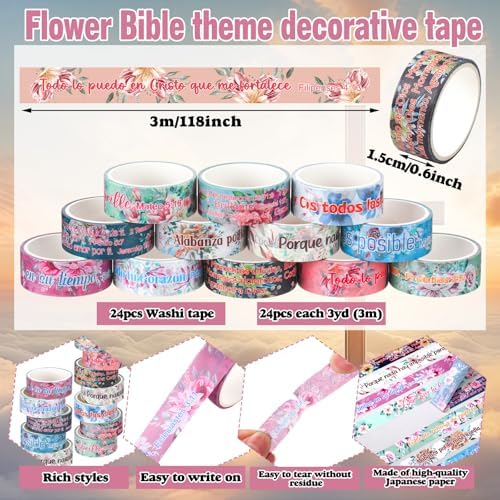24 Rolls Christian Washi Tape Gifts, Spanish Floral Religious