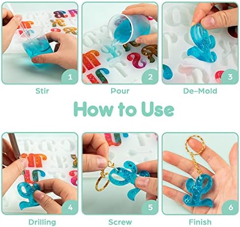 Mocoosy 182Pcs Fancy Alphabet Resin Molds Silicone Kit, Reversed Letter Keychain Epoxy Resin Casting Molds, Resin Key Chain Making Set with 1 Hand Drill 2 Drill Bits 30 Key Rings 100 Screw Pins