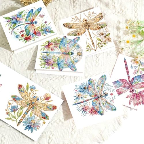 Tontut 6pcs 5D DIY Diamond Painting Kit Greeting Card,Diamond Handmade Greeting Card with Envelope, Holiday Gift Congratulations Colourful Dragonfly
