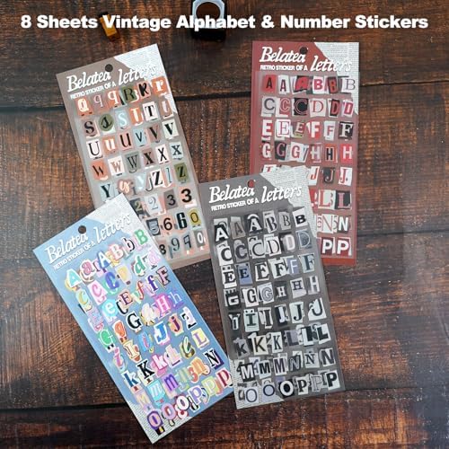 8 Sheets Pre-Cut Vintage Alphabet & Number Sticker Set, Retro Typography Letters for Scrapbook Journal Collage DIY Craft Decor