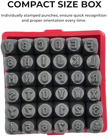 NEIKO 02630A Number and Letter Punch Set with Heat-Treated Steel Punches, Imprinting & Arts and Crafts, 3/32" (2.5MM) Shaft, 36 Pc Stamp Set, Uppercase Letter & Number Punch Set (A-Z / 0-8 / "&")