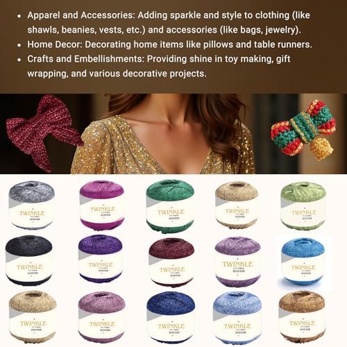 Pack 2 Twinkle Metallic Glitter Yarn Sparkle Fine 1 Light Fingering Weight Worsted Gold Silver for Crochet Knitting, 25g 0.88oz, 175yard Soft Craft Shawls Bags Lurex