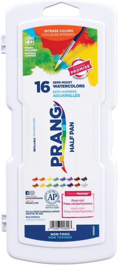 Prang Half Pan Watercolor Set, 16 Assorted Colors and 1 Brush | Perfect for painting, art lessons, crafts and creative projects