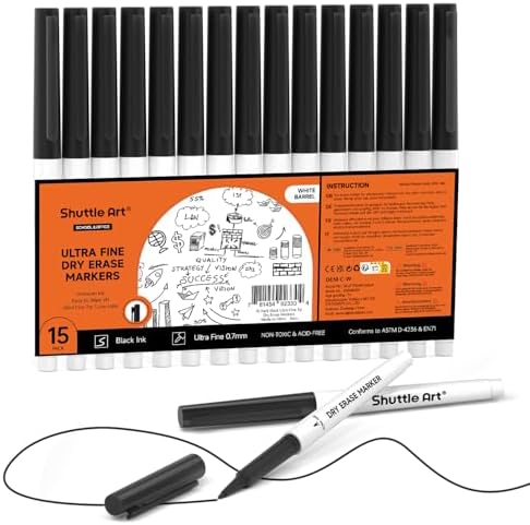 Shuttle Art Ultra Fine Dry Erase Markers, 15 Pack Black Whiteboard Markers with Erase, Dry Erase Markers Perfect For Writing on Whiteboards, Dry-Erase Boards,Mirrors for School Office Home