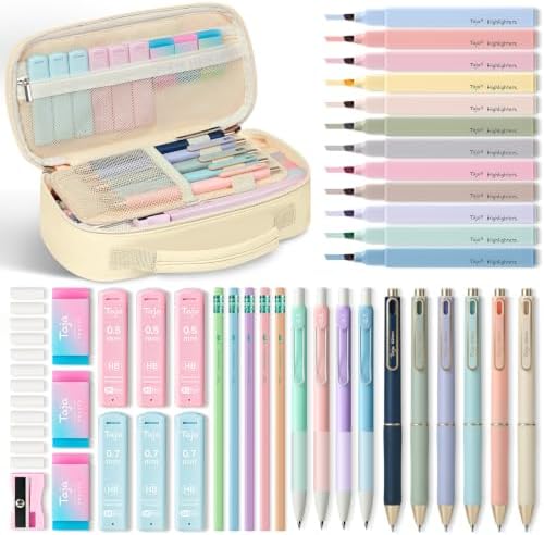 Taja Cute Pencil Case With School Supplies, 39 PCS, Stationery Set, Beige