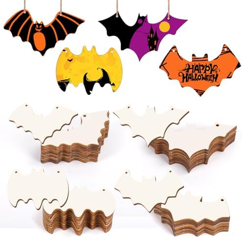 40Pcs Bats Halloween Wooden Slices Ornaments Paintable Blank Natural Bat Cutouts Fall Activity Hanging Decorations Bulk Halloween Crafts for Kids Classroom DIY Party Supplies