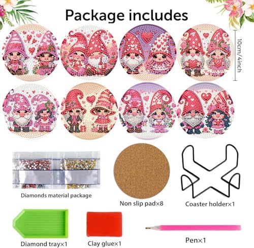 8 Pcs Valentine Diamond Art Coasters Kit for Adults with Holder 4x4in