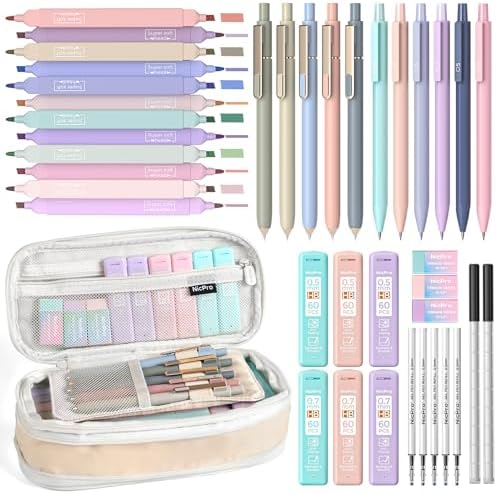 Nicpro School Supplies Stationary Set with Pencil Case, 39 PCS Cream