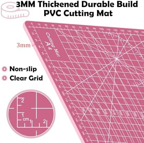 Sewing Cutting Mat 12in x 9in,Small Self Healing Cutting Board A4 Rotary Cutting Mat for Crafts Pink Double Sided Thickened PVC Craft Cutting Board for Quilting Hobby Fabric Precision