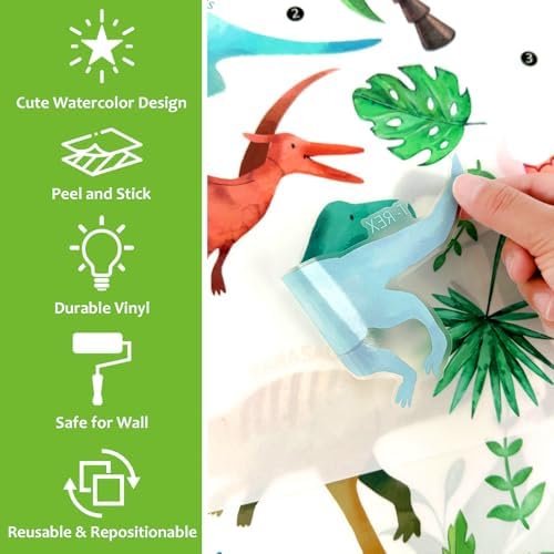 AOWDIAO Watercolor Dinosaur Wall Decals - 28 Pcs Peel and Stick Dino Decor for Boys’ Bedroom, Nursery & Classroom