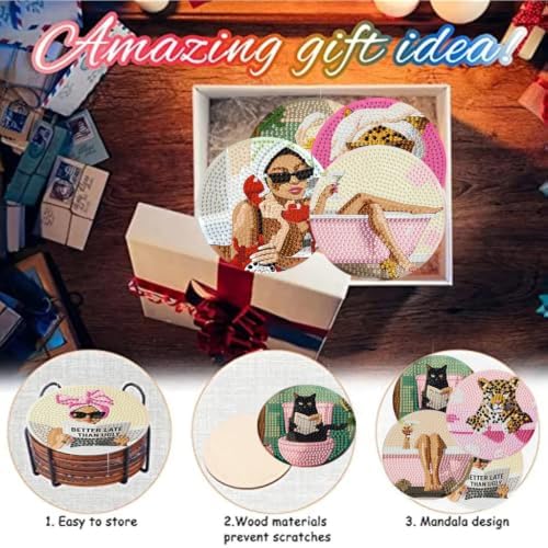 8 Pack Diamond Art Coasters, Pink Bow Woman Diamond Painting Coasters