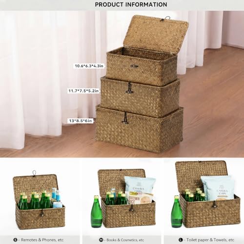 Nonam Wicker Storage Basket with Lid,Seagrass Shelf Basket Set of 3,Coffee