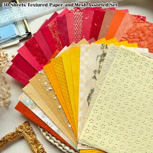 30 Sheets A5 Warm Assorted Textured Scrapbook Paper & Mesh Fabric