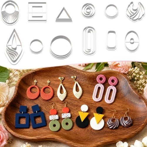 12Pcs Polymer Clay Earring Cutters Set, Modern Geometric Shapes Clay Cutters for Polymer Clay Jewelry Making, Minimalist Earring Cutters with Fan Teardrop Square Triangle Oval Shapes