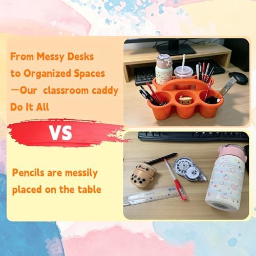 6 Pack Classroom Caddy Organizer with Handle Multicolor Plastic Table Caddy 6 Compartments Storage Cup Holder for School Supplies Art Crafts Crayons Pencils Stackable Desk Caddy for Office