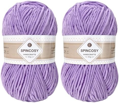 Skinny Chenille Yarn, 2 Pack of 50g/120 Yards Fluffy Soft Polyester Crochet Yarn Sutible for Colorful DIY Crafts Blankets Plush Dolls (Purple)