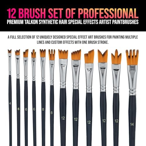 U.S. Art Supply 12 Piece Special Effects Artist Paint Brush Set - Professional Taklon Synthetic FX Brushes, Ribbon, Muti-Liner, Angular - Create Grass, Hair, Fur - Watercolor, Acrylic, Gouache, Oil