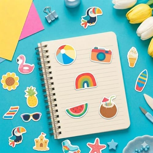 50Pcs Summer Stickers, Cute Vinyl Waterproof Tropical Beach Theme Decals for Kids Water Bottles Laptop Stationery Notebook Skateboard, Sun Surf Party Favors (2-3 Inch)