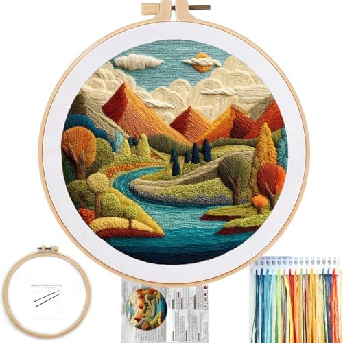 FONNUY Embroidery Kit for Beginners, Brightly Colored Landscape Lake Pre-Stamped Pattern Kits for Adults with Hoop, Easy to Follow Color Thread Needlework, 8'' Hoop (Blue)