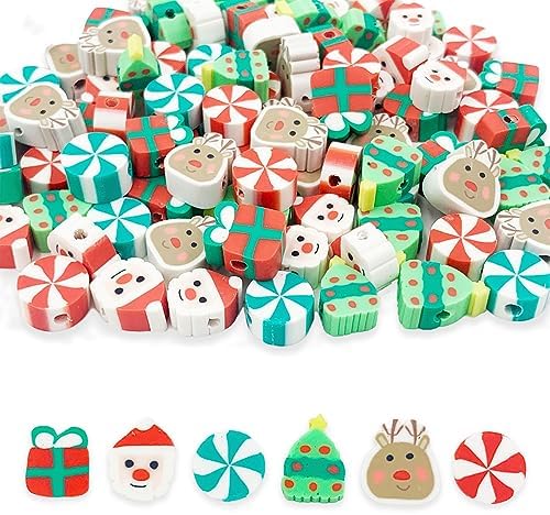 100 Pcs Christmas Handmade Polymer Clay Beads, 10mm Polymer Clay Spacer Beads for Women Jewelry Making DIY Charms Bracelet Necklace Hair Clip Accessories Handmade Craft