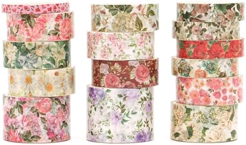 Floral Washi Tape Set - 15 Rolls Flowers Arts Adhesive Tapes Garden Blooms Decorative Masking Tape Sets for Craft, Kids, Scrapbook, DIY, Gift Wrloapping (4-Rose Charm)