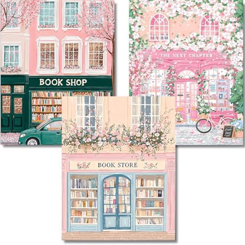 3 Pack Bookstore Diamond Art Kits for Adults, 5D DIY Pink Book Shop Diamond Painting Kits for Beginner, Diamond Dots Full Drill Crafts for Gem Art for Adults Home Wall Decor for Boys Girls 12x16 inch