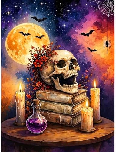 Skull on Books Diamond Art Kits for Adults, Halloween Diamond Painting