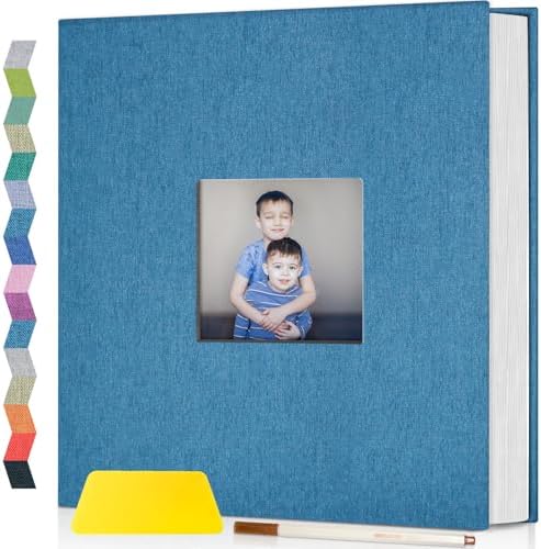 Popotop Photo Album Self Adhesive with Picture Display Window,40 Pages DIY Scrapbooking Supplies Kit for 4x6 8x10 Picture,Linen Cover Memory Book for Baby Wedding, with Scraper and Metallic Pen