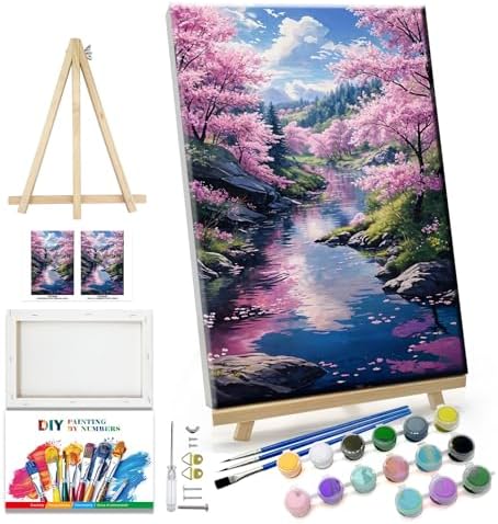 JOOZ Landscape Paint by Number Kit for Adults Beginner with Easel Forest Adult Paint by Number Kits on Canvas with Frame DIY Oil Painting Kits for Gift Home Wall Decor 7.87x11.81 Inch