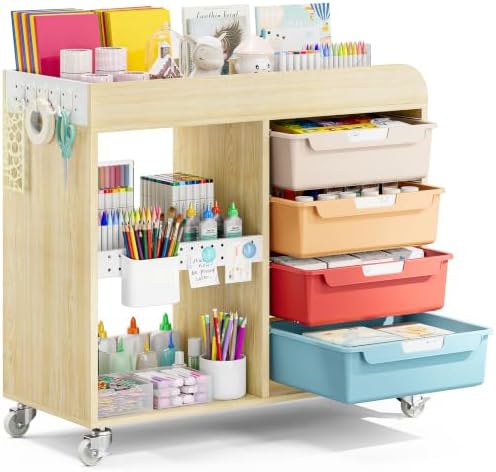 SYKIARIOL Craft Organizers and Art Supply Storage Art Cart, Classic Macaron | Rolling Cart with 4 Drawers & Metal Pegboard, 5 Hooks, Cute Macaron Color Magnets for Craft Room, Office, Classroom