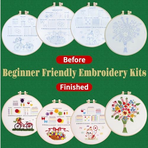 CornerLife 4 Pack Embroidery Kit for Beginners Adults, Hand Embroidery Kits with Pre-Stamped Floral Patterns and Instructions, Adjustable Hoop, Needlepoint Starter Kit DIY Art Crafts Gift (Flower A)