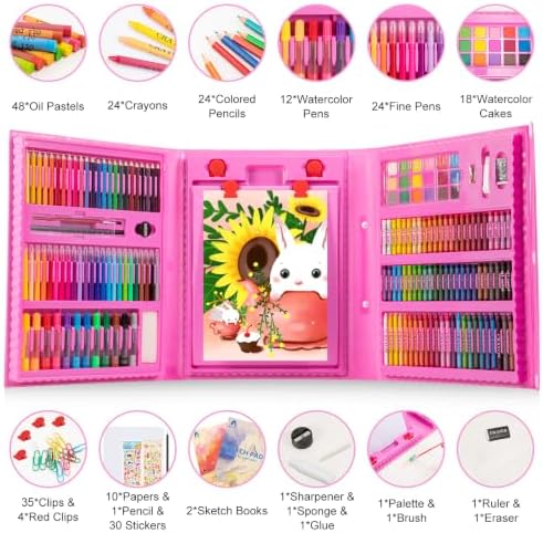 VigorFun Art Supplies, 240 PCS Drawing Art Kit, Pink Gifts for Kids Girls