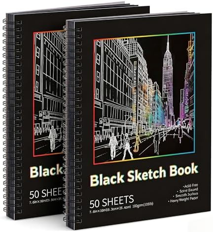 2 Pack Black Paper Sketchbook, 7.6 × 10 in, 50 Sheets, Spiral Bound