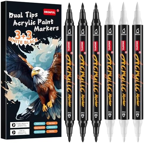 White Black Acrylic Paint Pens Markers, 6 Pc Dual Tips Paint Markers