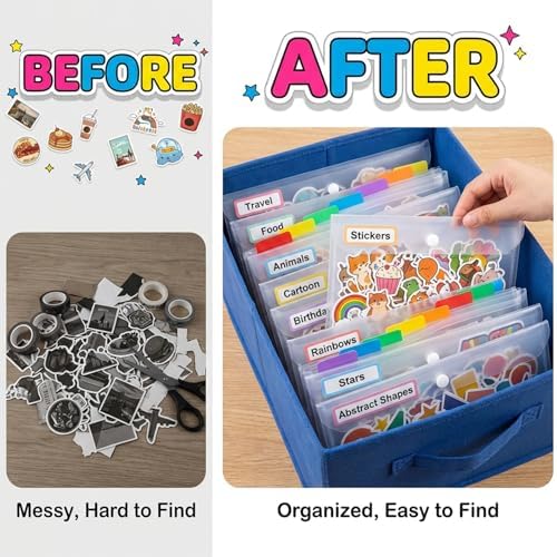 Sticker Organizer, Clear Plastic Envelopes with Snap, 12 Pack Waterproof and Durable for Sticker Storage, Scrapbook Storage, Washi Tape, Scrapbooking & Stamping Supplies (5 x 7 Inches)