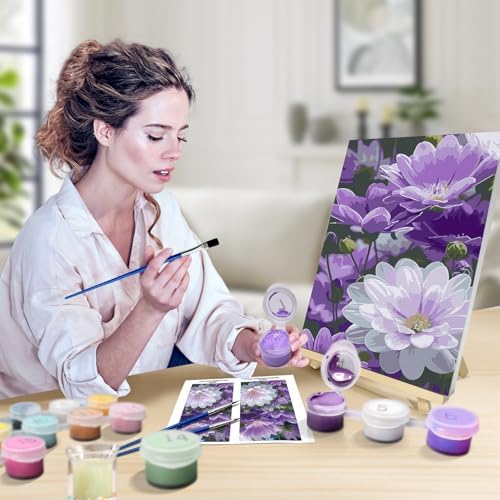 JOOZ Paint by Numbers Kits for Adults with Frame, Flowers Paint by Numbers for Adults, Paint by Number Canvas for Adults with Easel, DIY Acrylic Oil Painting Kit for Home Wall Decor 8 x 12 Inch