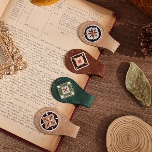 4PCS Vintage Magnetic Leather Bookmark, Leather Magnetic Bookmarks for Women, Magnetic PU Bookmarks Clip Book Accessories, Embroidery Pattern